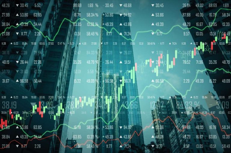 Stock marker stats overlaid on top of city scape representing U.S. situs assets subject to U.S. estate tax